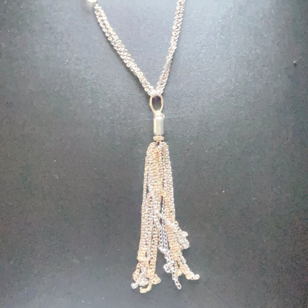 Chico's 2 Tone Silver & Gold Long Multi Chain with Tassel Necklace Medium - Picture 2 of 5